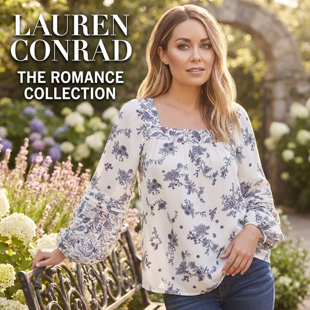 LC Lauren Conrad S Romance Collection Floral Paisley Square Neck Blouse White